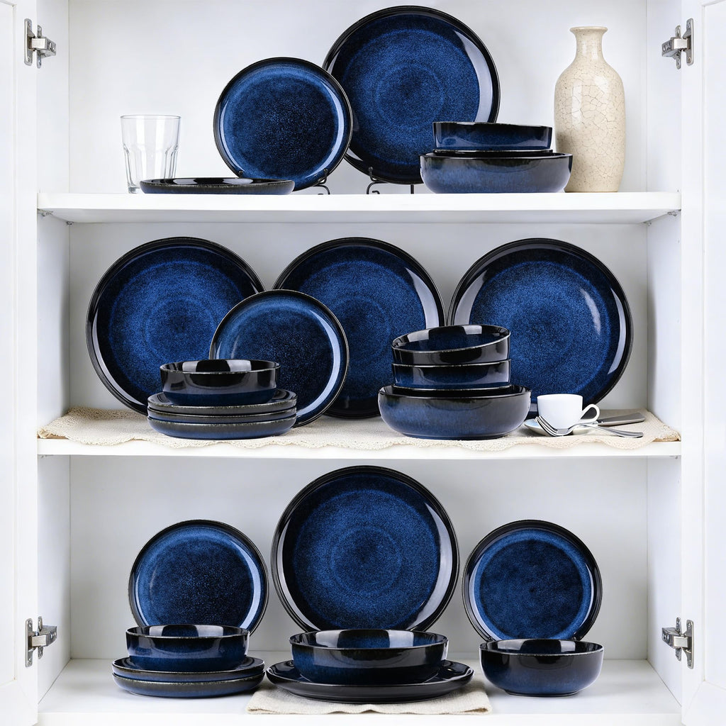16 Pcs Porcelain Dinnerware Sets for 4 with Double Bowls, Blue
