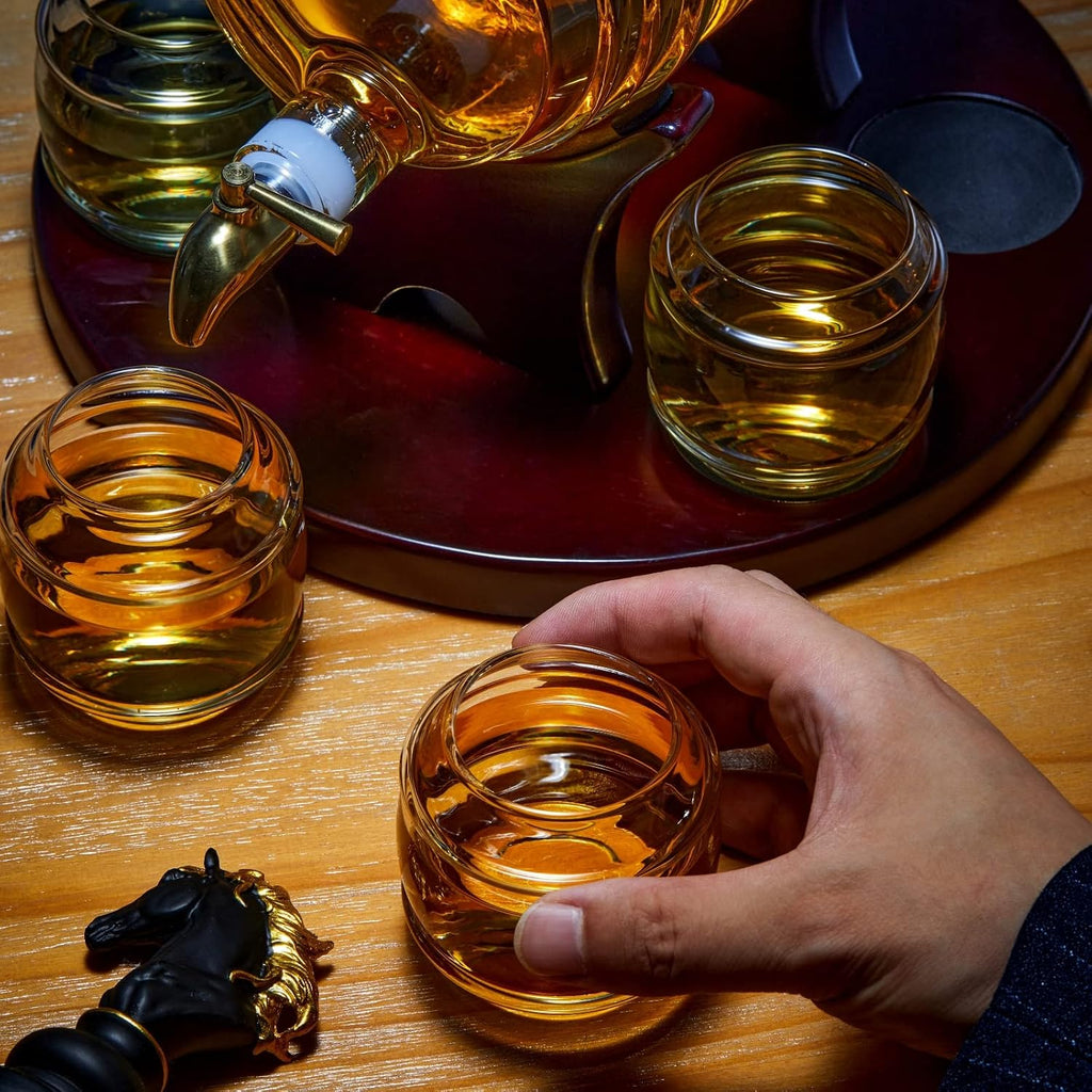 Whiskey Barrel Decanter Set Bar, Unique Birthday Gifts for Men Dad, 1.3 Liter Barrel Liquor Dispenser with 4 Glasses - Set of 7