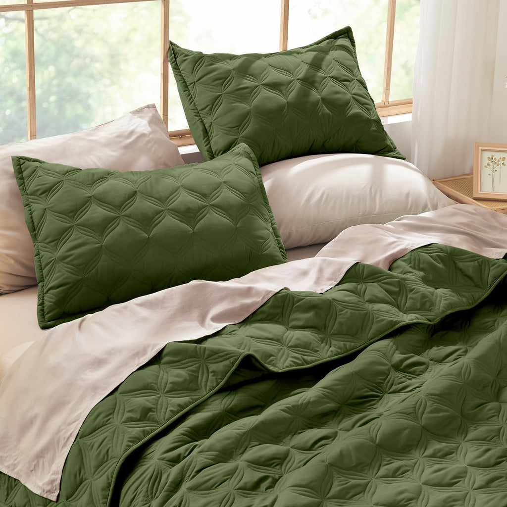 Oversized King Quilt Bedding Set, 3 Pcs Olive Green Bedspreads Set
