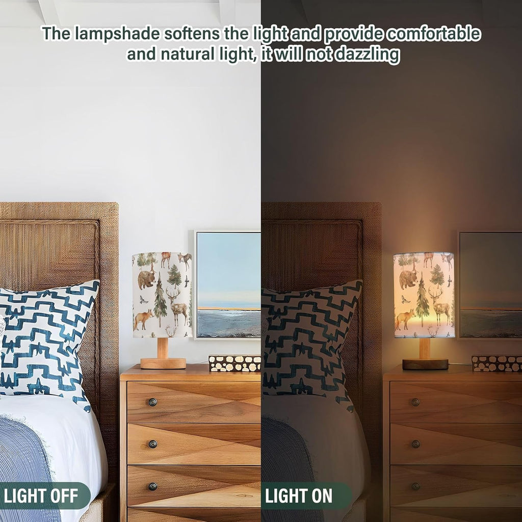 Table Lamp Watercolor Animal Forest Tree Deer Fox Bear Nightstand Lamp with Wood Base Fabric Lamp Shade Bedside Desk