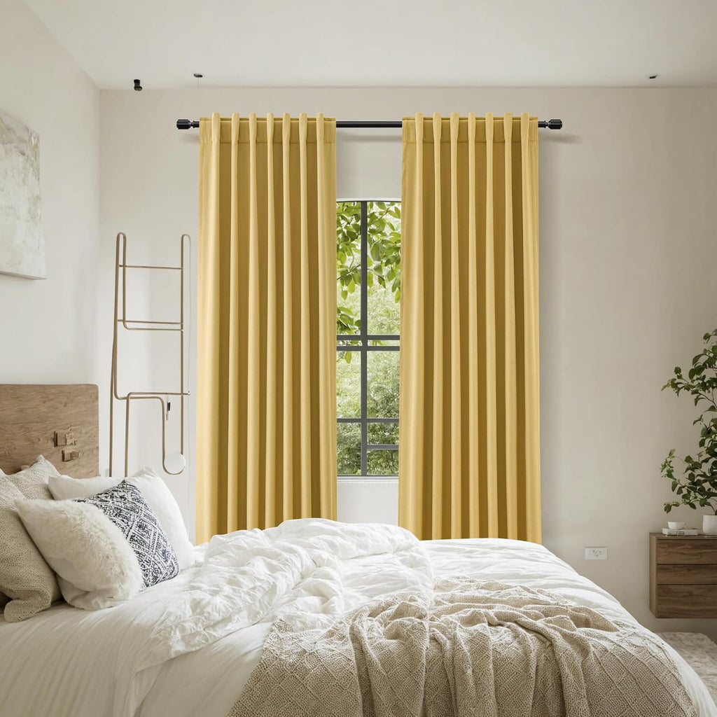 Gold 100% Blackout Linen Curtains 84 Inch Length 2 Panels Set for Living Room Bedroom Back Tab Thermal Insulated
