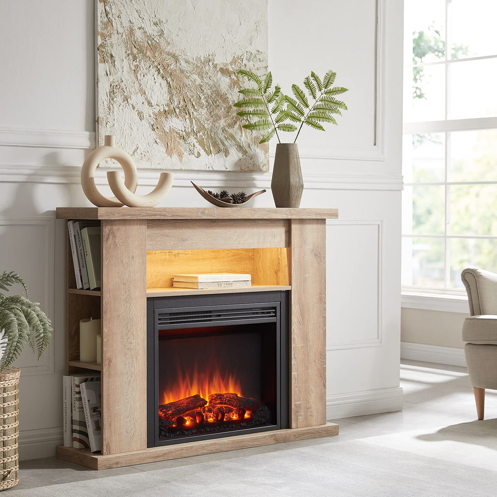 LegendFlame Barron Electric Fireplace with 43" Storage Shelf Mantel Surround and Jaden 23" Insert, Rustic Light Oak