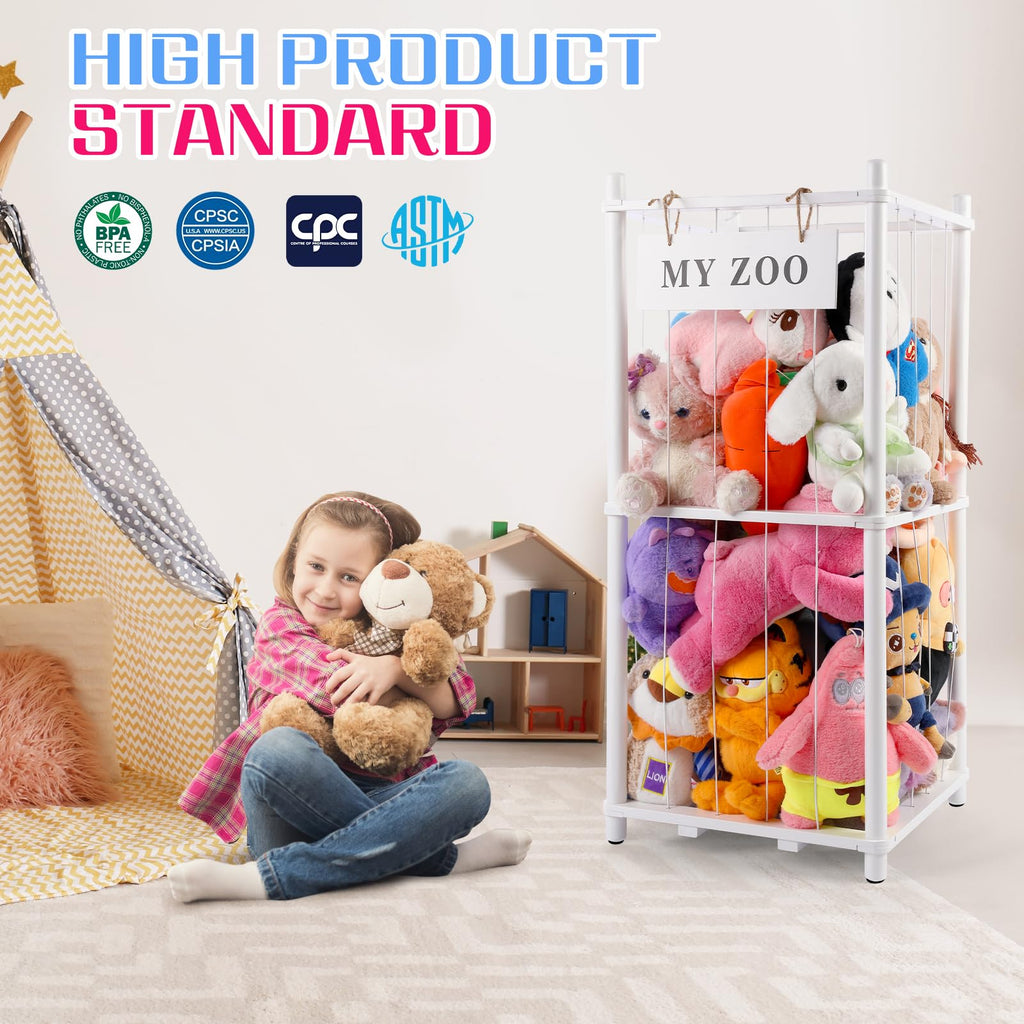 Stuffed Animal Storage Zoo, Wooden Stuffed Animal Organizer with Elastic Cords for Boys Girls, Space Saving Toy
