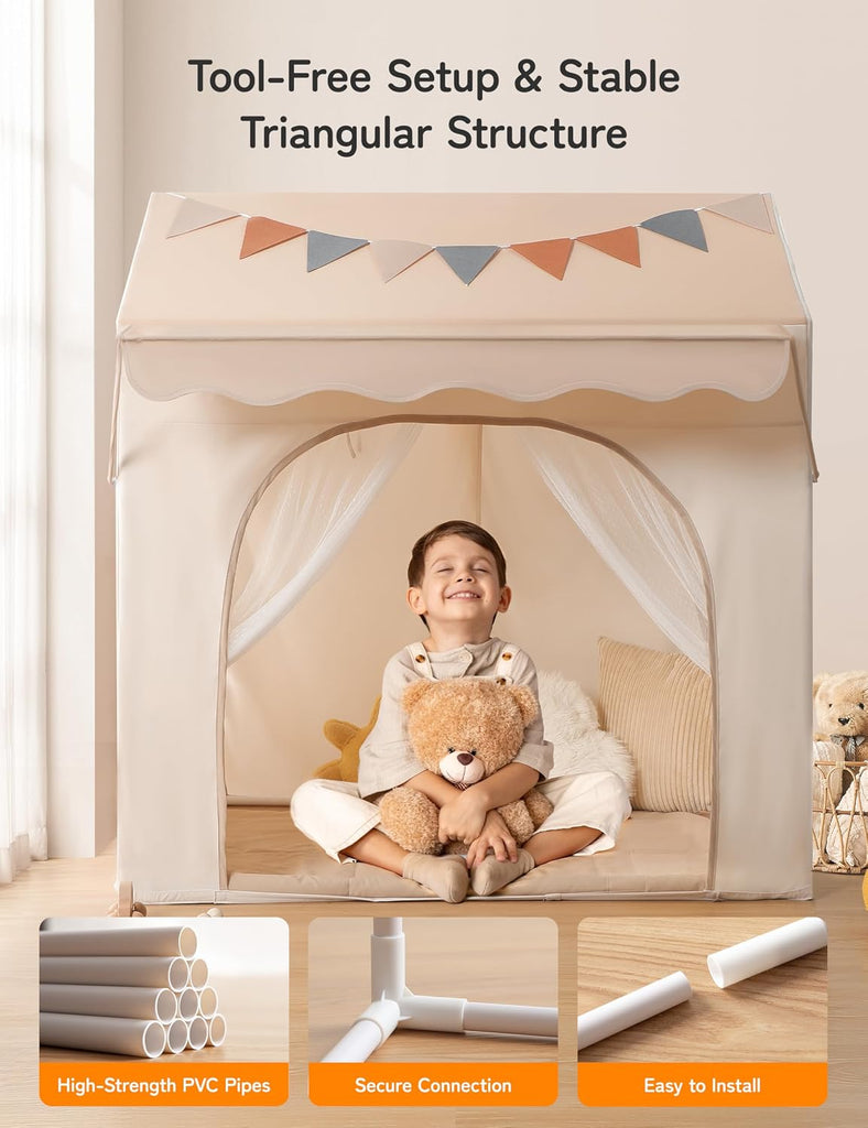 Kids Play Tent with Eave, Toddler Tent 2 in 1 with Padded Mat and Lights, Large Playhouse with 2 Doors & 2 Windows