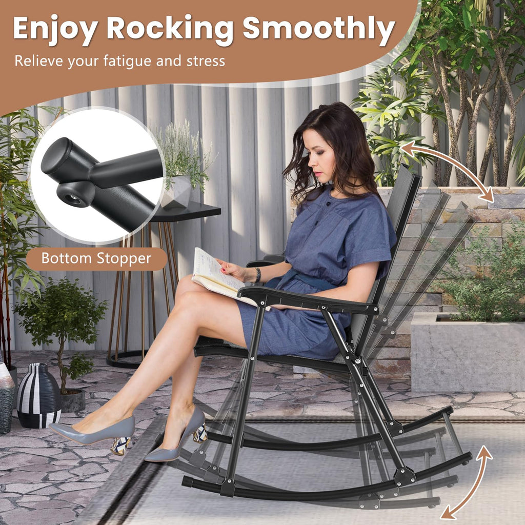 Folding Rocking Chairs Set of 4, Patio Rockers with Breathable Seat Fabric & Sturdy Metal Frame, Smooth Rocking
