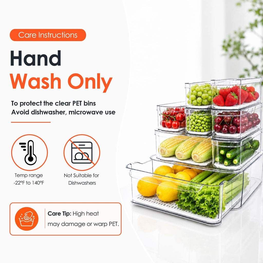 8 Pack Clear Fridge Organizer Bins with Drain Trays - Stackable