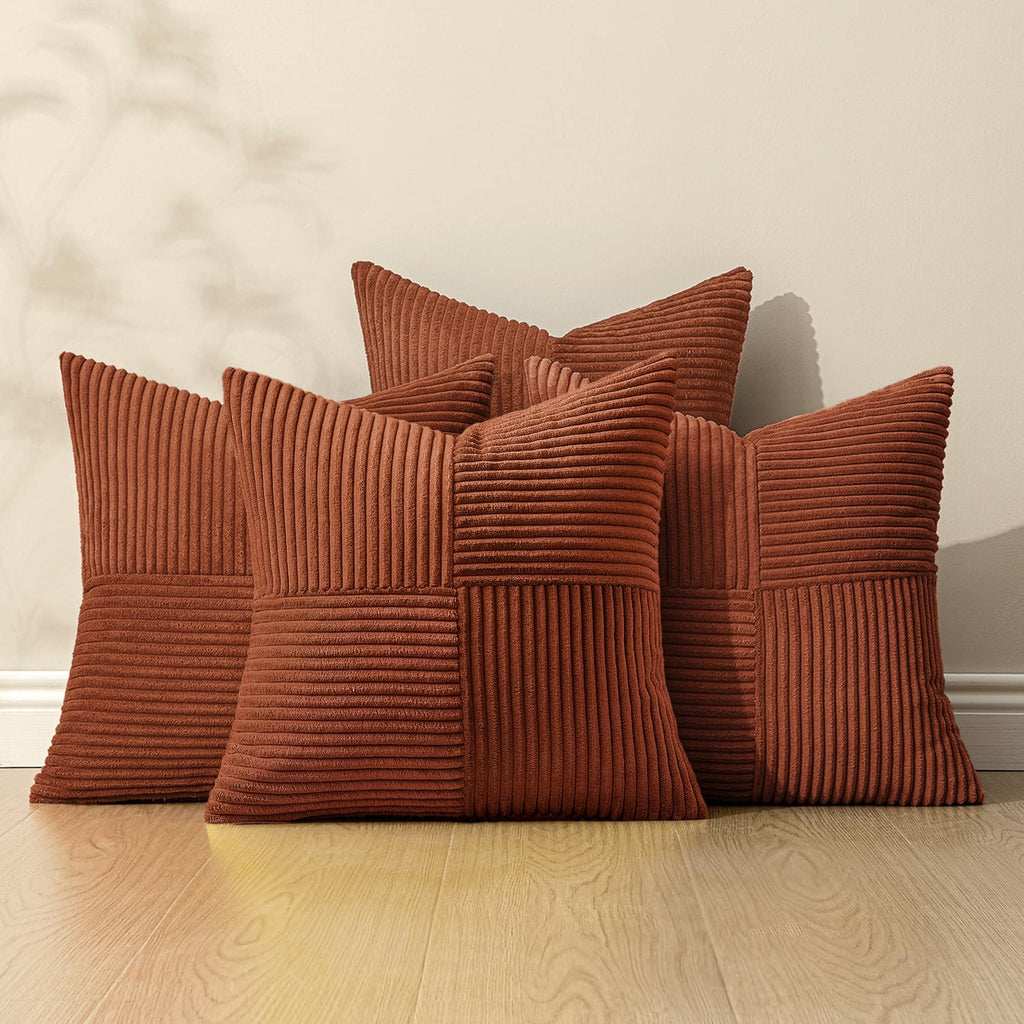 Fall Boho Farmhouse Rust Decorative Throw Pillow Covers 20x20 Inch 4 Packs Soft Vintage Pillow Cases Modern Corduroy