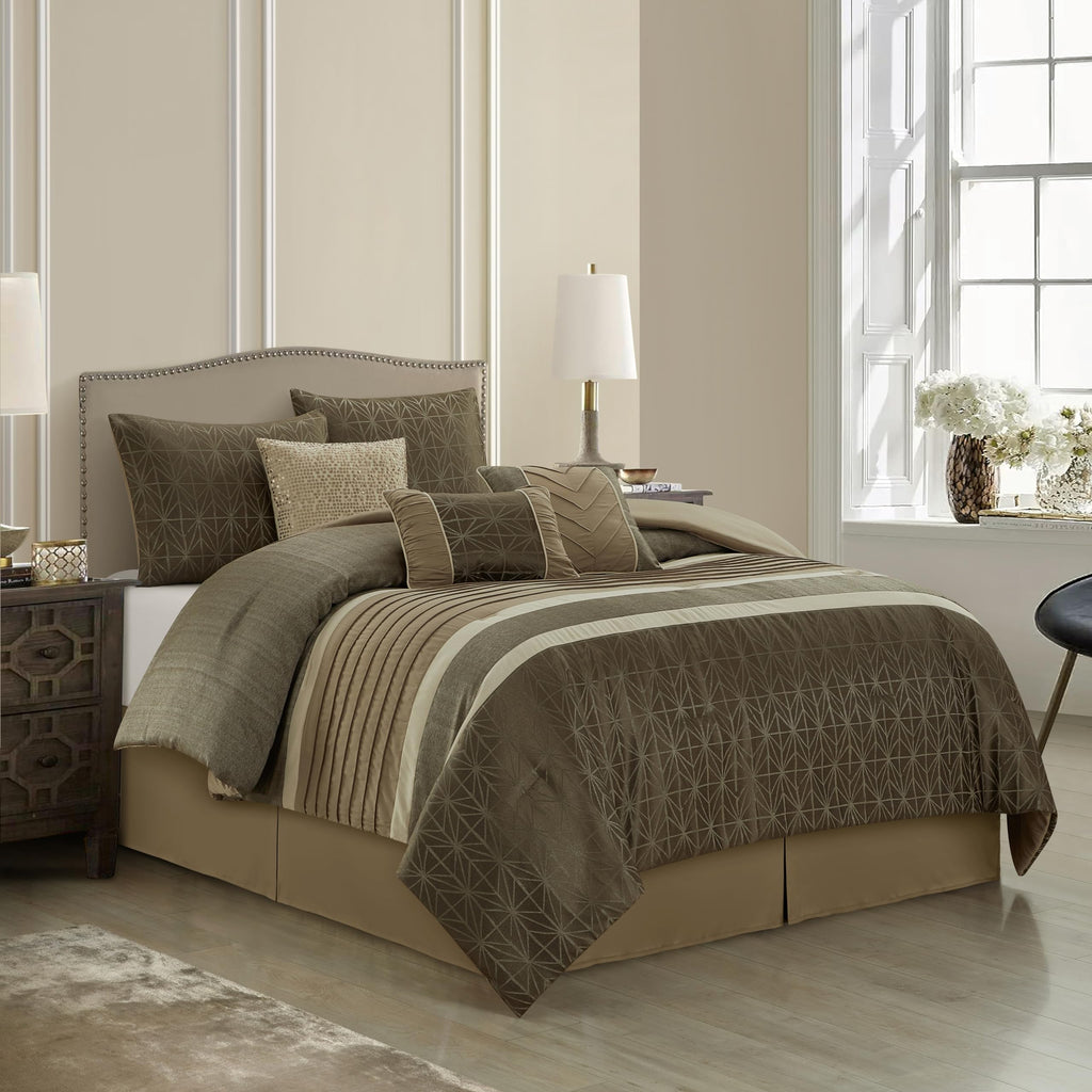 Taupe Comforter Set King Size, Geometric Bedding Set, Jacquard with Matching Solid Piecework, Bedskirt, Pillows &