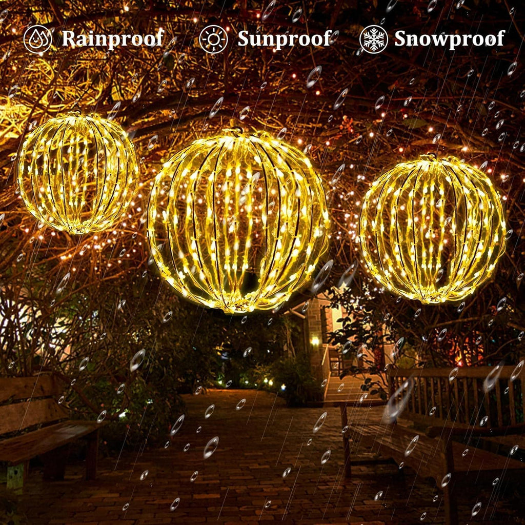Set of 3 Christmas Light Balls Outdoor, 12/16/21 Inch Foldable Sphere Decor
