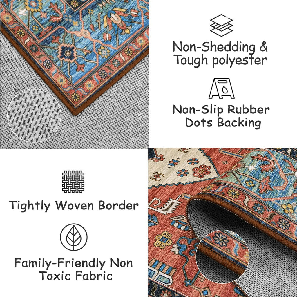 Oriental Washable Rug, Boho Entryway Dorm Rug with Non Slip Backing, Vintage Tribal Medallion Low Pile