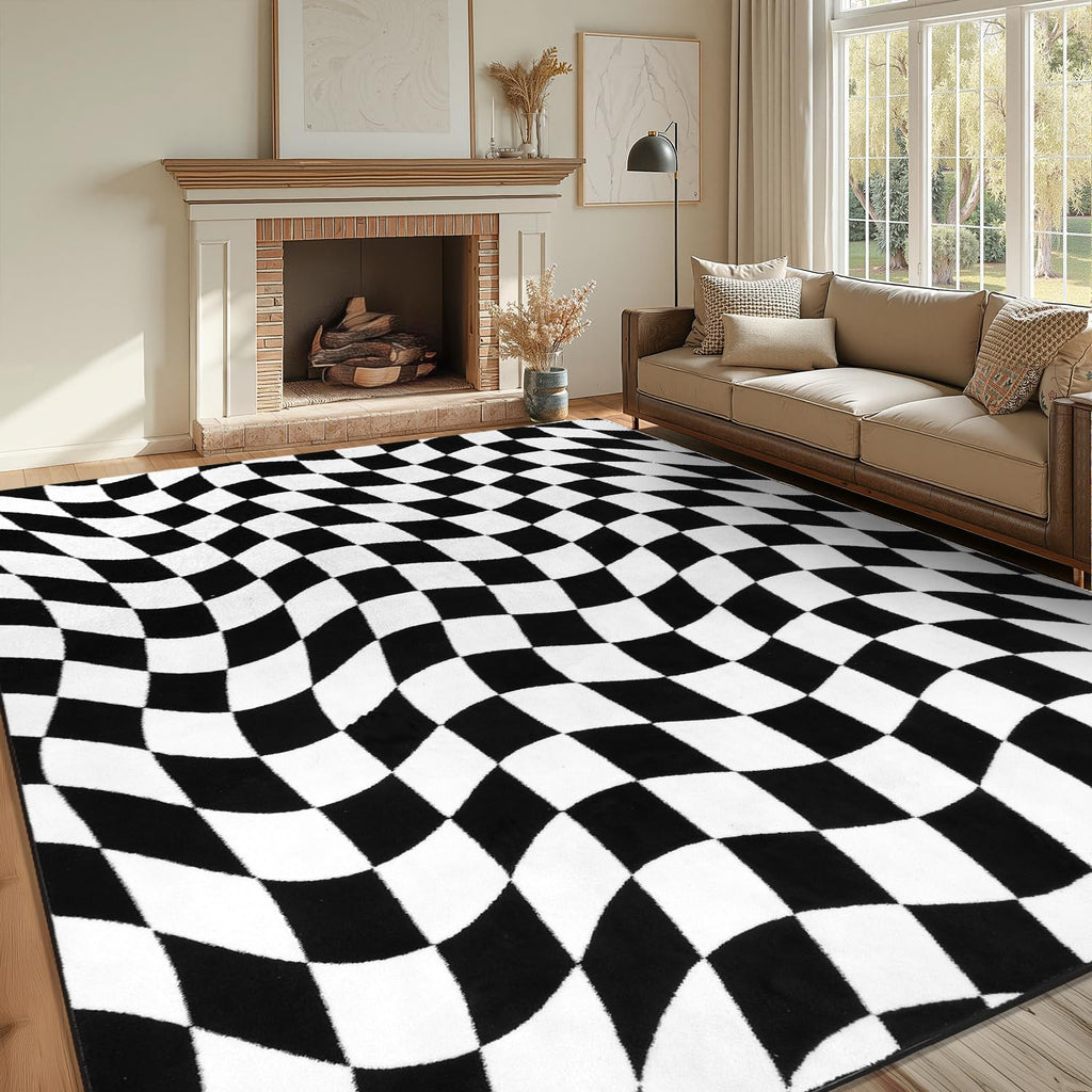 Large Checkered Area Rug, Non-Slip Soft Washable Living Room Rug with Rubber Backing, Low Pile Rug Floor Carpet
