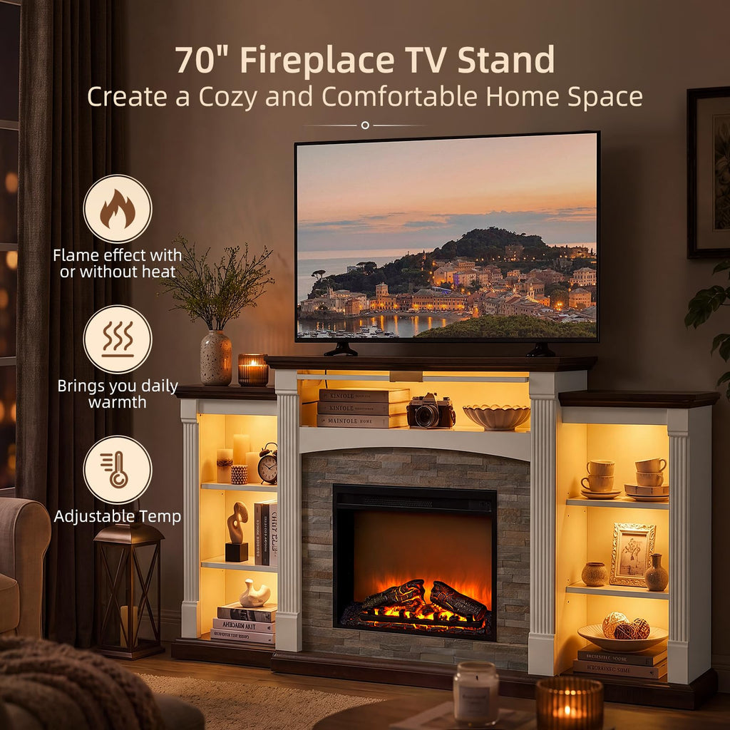 For 80'' TV, 70" Electric Fireplace with Mantel, White Entertainment Center with Electric Fireplace & LED Lights, TV
