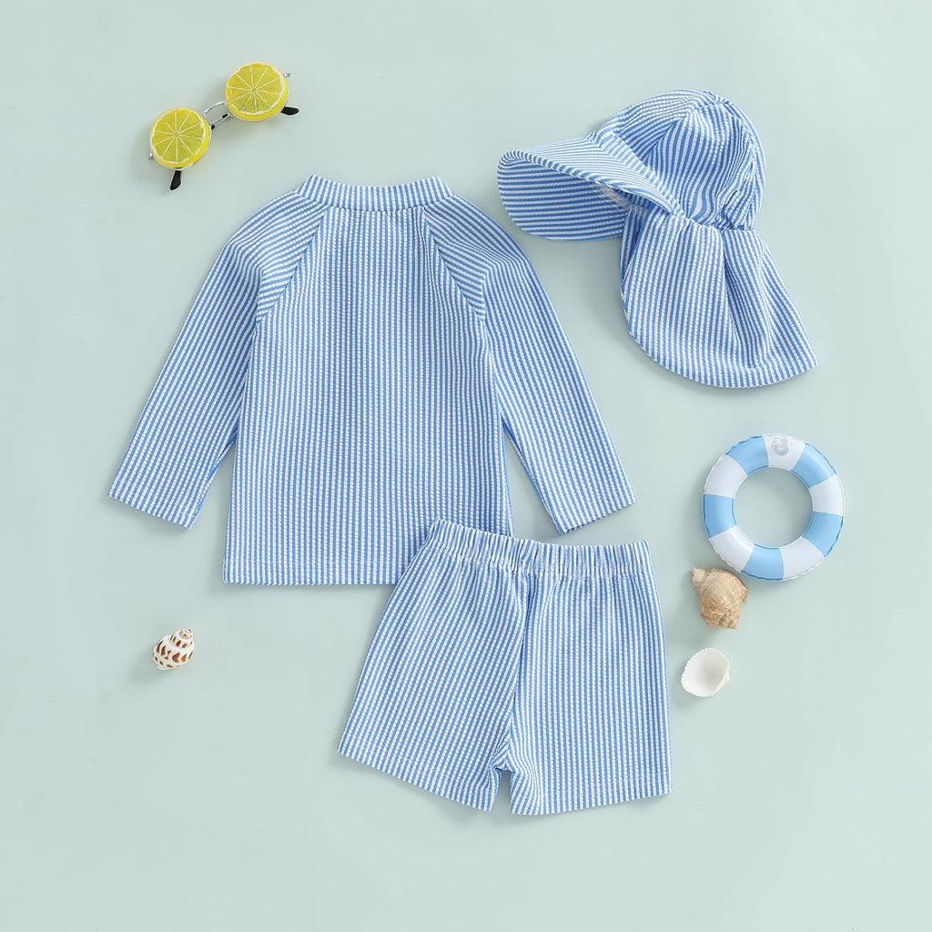 Toddler Baby Boys Seersucker Long Sleeve Swimsuit Trunks Bathing Suit Swimwear with Hat 3Pcs Rash Guard Set