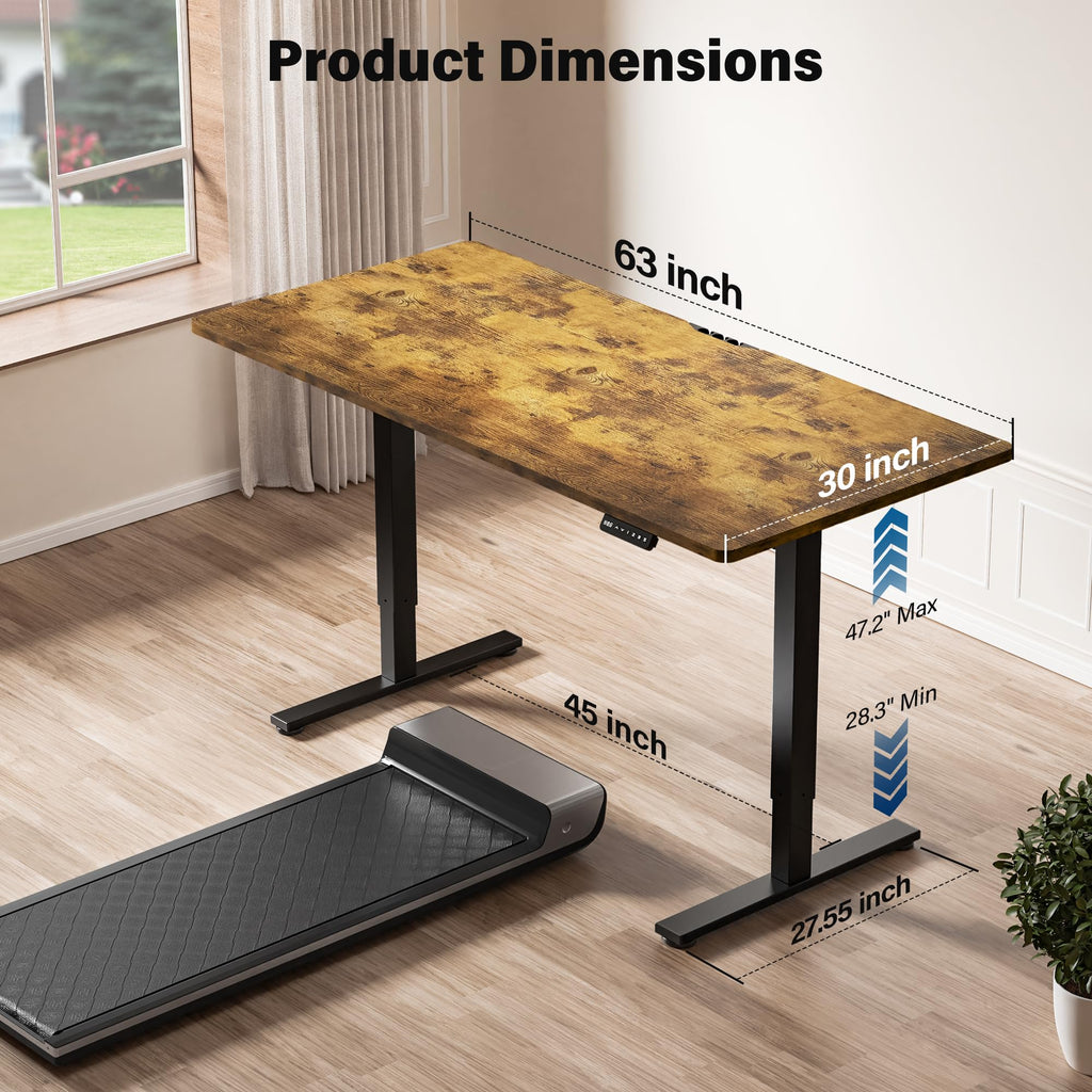 Electric Standing Desk, 63 x 30 Inch, Rustic Brown