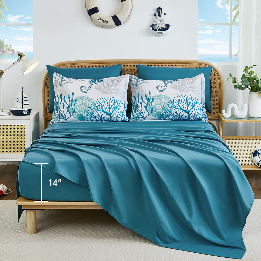 Coastal Comforter Set King, Beach Themed Comforter, 7 Pieces Ocean Nautical Seaweed & Starfish Bed in a Bag (104"×90")