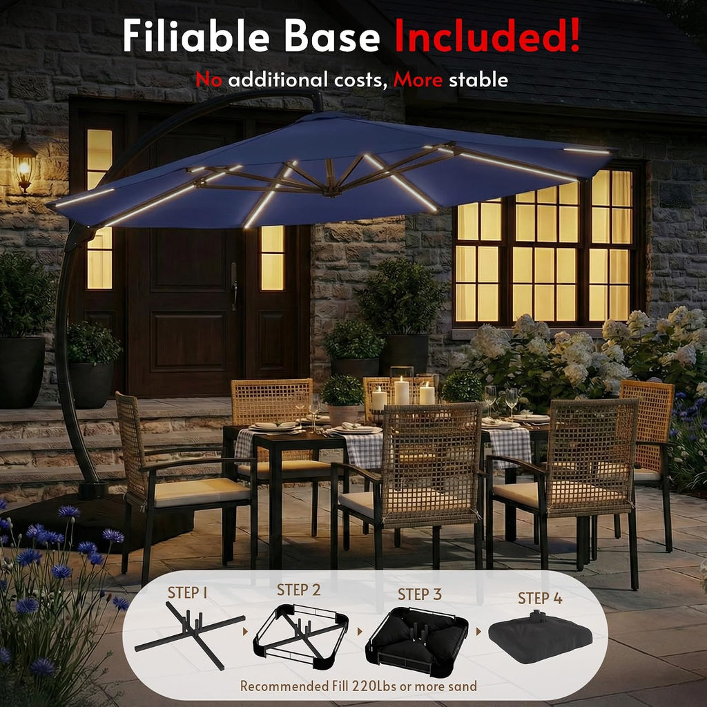 11FT Solar Powered LED Light Cantilever Patio Umbrella with Base Included, Large Cantilever Umbrella with 360°Rotation
