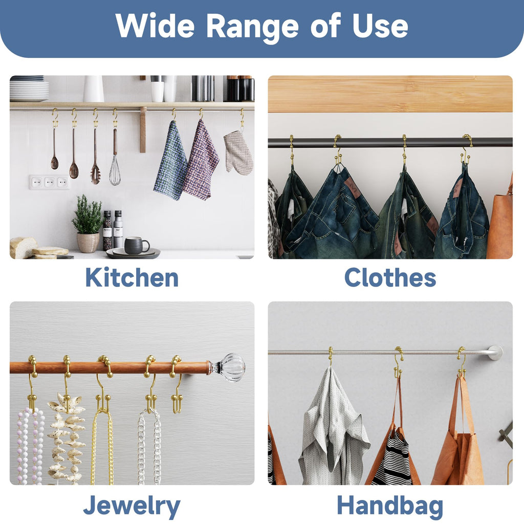 Gold Shower Curtain Hooks Rings, Rust-Resistant Metal Double Glide Shower Hooks Rings Shower Curtains Rods, Set of 12