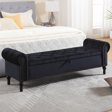 Storage Bed Bench , 67 Inches End of Bed Bench, Velvet King Size Bench with Arms, Tufted Button Storage Ottoman