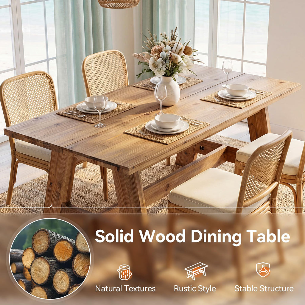 63-Inch Farmhouse Dining Table for 4-6, Natural Solid Wood Rectangle Kitchen Table, Rustic Wooden Dinner Furniture