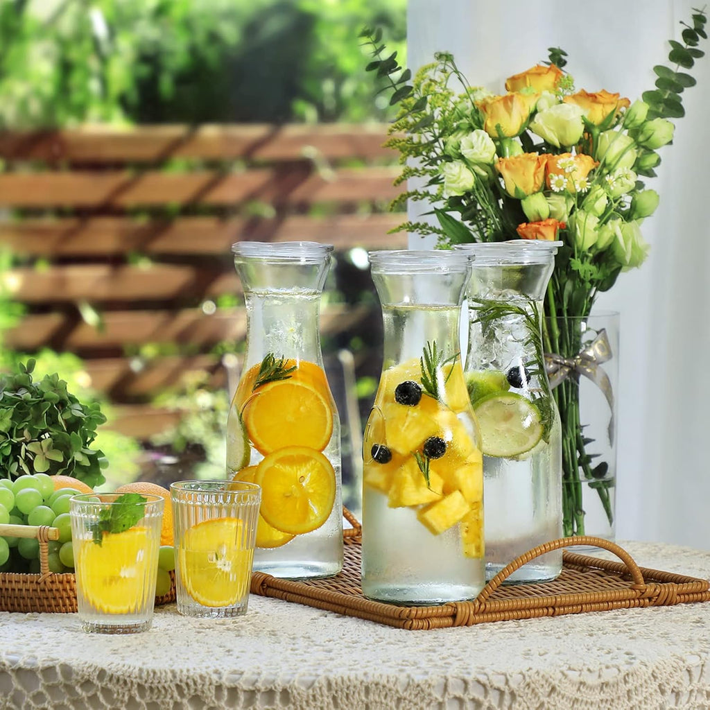 Set of 2 Glass Carafe with Lids, 1 Liter Water Pitcher Carafe for Mimosa Bar, Brunch, Cold Water, Beverage, Wine