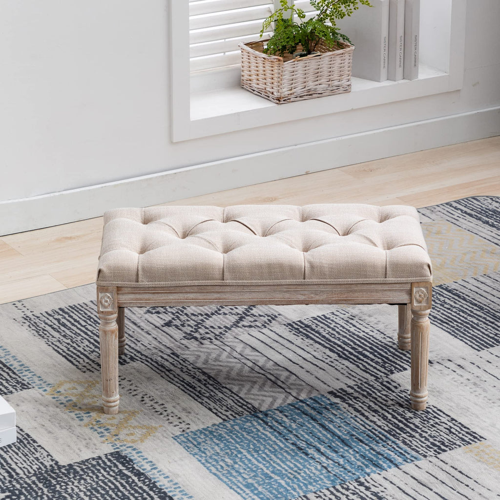 Fabric Entryway Bench with Button Tufted Seat and Rustic Wood Legs, Vintage Bedroom Bench End of Bed, Padded Extra