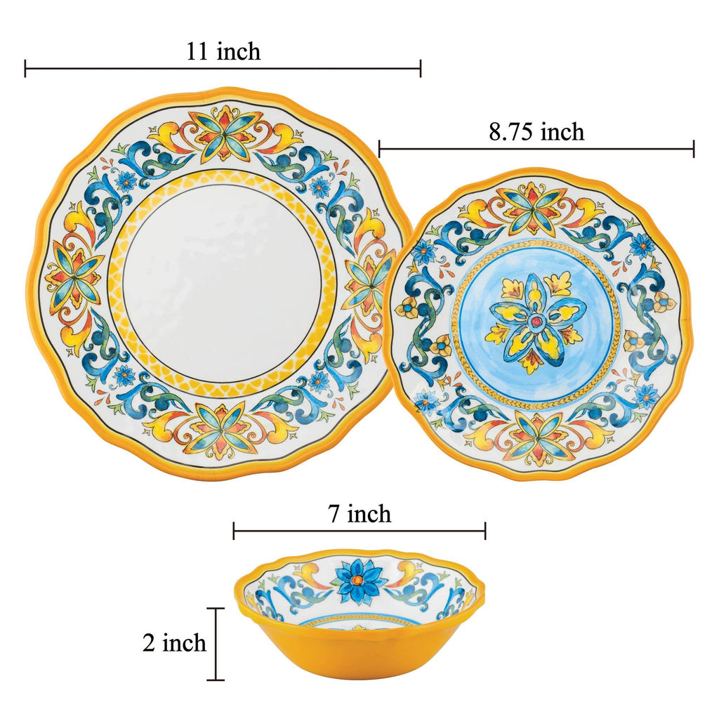 12 Piece Chianti Melamine Dinnerware Sets, Outdoor Dishes Set, Plates and Bowls Sets, Service for 4, Multicolor