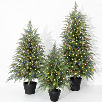 2FT 3FT 4FT Christmas Tree with Lights, Set of 3 Pre-Lit Cedar Christmas Tree Artificial Mini Christmas Tree