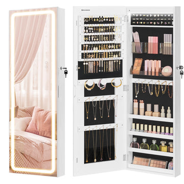 Mirror Jewelry Cabinet Armoire, Wall or Door Mounted, LED Mirror