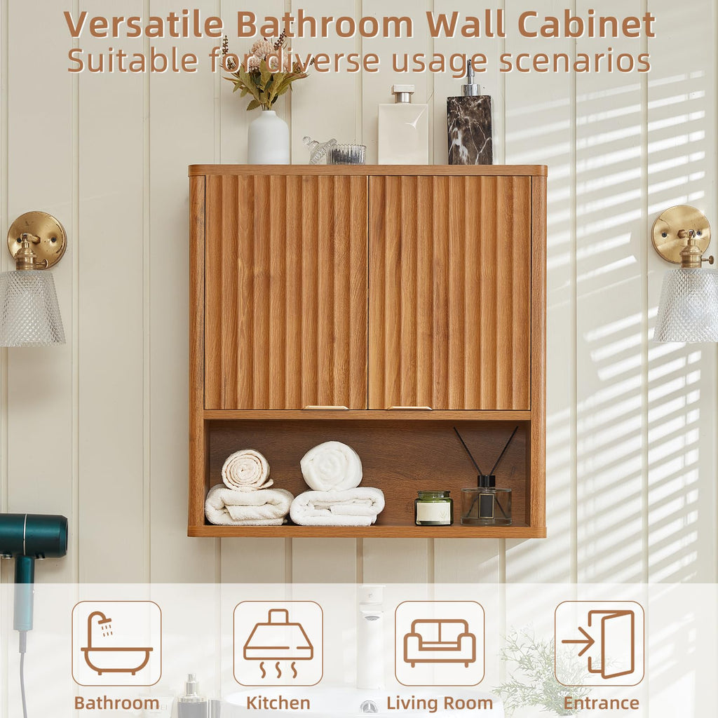 Retro Fluted Bathroom Wall Cabinet, Wall-Mounted Medicine Cabinet