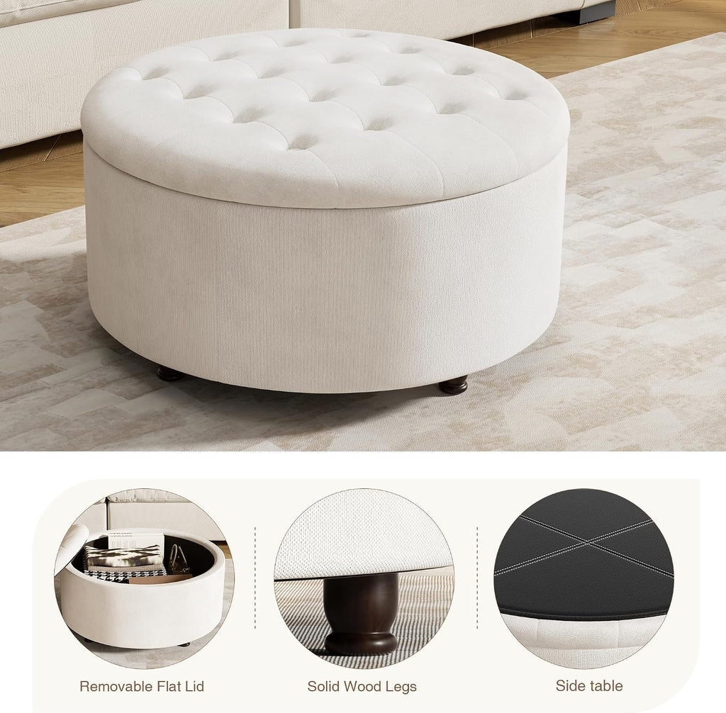30 Inch Round Storage Ottoman,Modern Tufted Ottomans,Circular Coffee Table with Removable Top,Upholstered Large