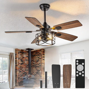 Farmhouse Ceiling Fans with Lights: Rustic Caged Ceiling Fans 5 Blades - Ceiling Fan with Remote Control for Indoor