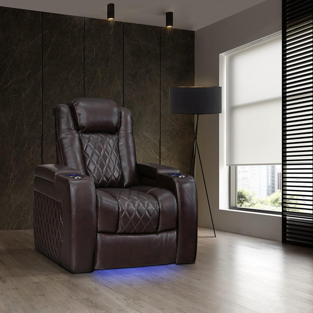 Tuscany Home Theater Seat - Nappa Leather Power Recliner with Cool Gel Memory Foam, USB-C/A Charging, RGB LED Lights