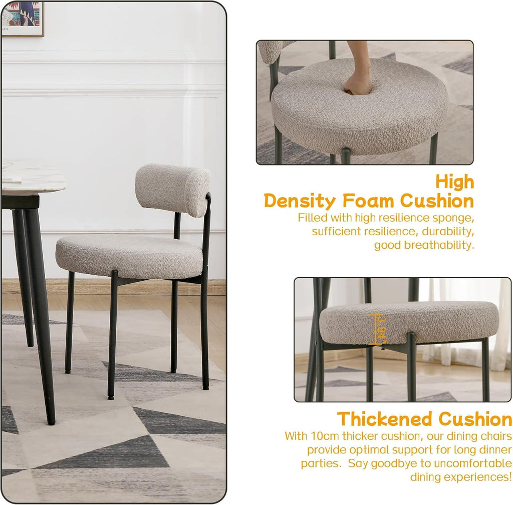 Boucle Dining Chairs Set of 2, Round Upholstered Dining Room Chairs with Black Metal Legs