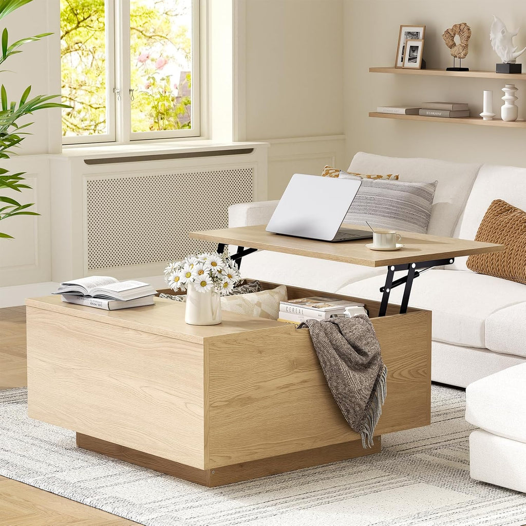 Lift Top Coffee Table, Wood Square Coffee Table with Storage, Farmhouse Coffee Tables with Hidden Storage Compartment