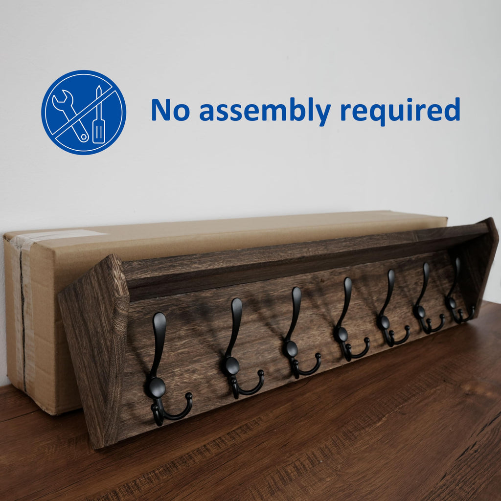 Coat Rack Wall Mount with Shelf, 35" Long Wall Shelf with Hooks Underneath, 7 Triple Hooks, Weathered Brown