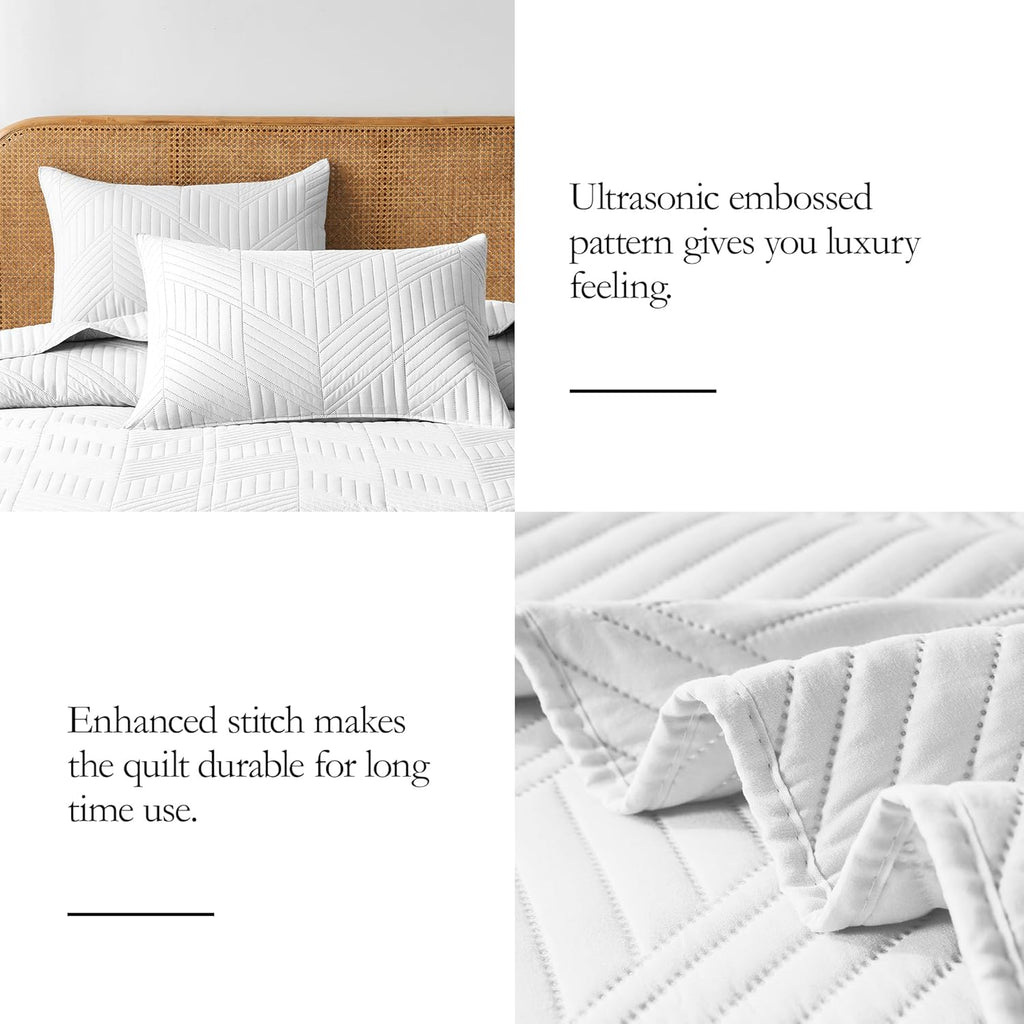 King Quilt Bedding Set,White Ultrasonic King/Cal King Quilt Set Reversible Microfiber Bedspread,Lightweight Soft