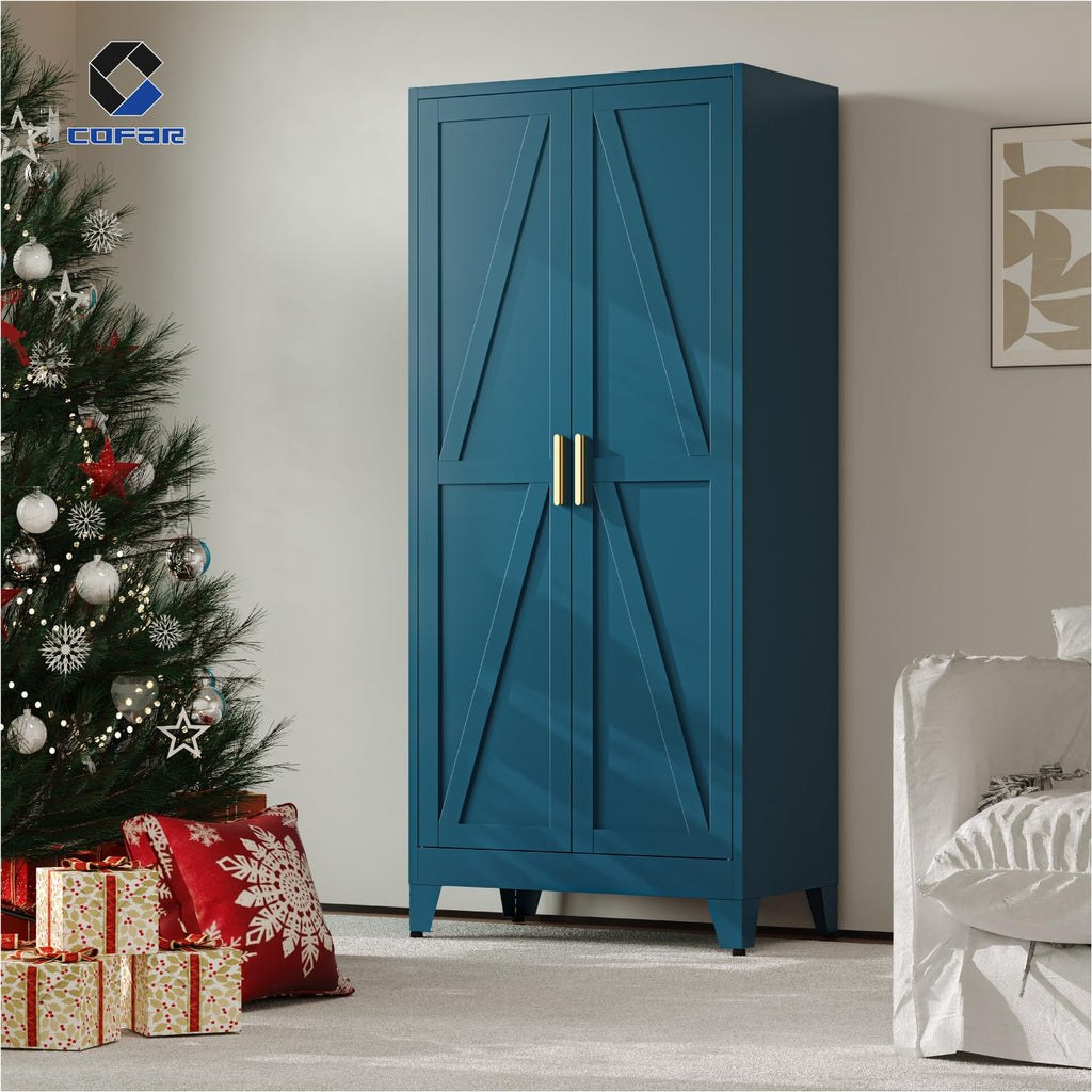 71'' Metal Armoire Wardrobe Closet, Steel Wardrobe Cabinet with Adjustable Hanging Rod and Shelves, 2 Doors Farmhouse
