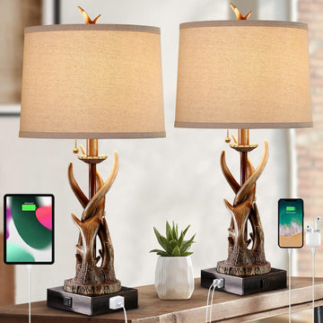 Rustic Antler Table Lamps Set of 2 with USB A+C Ports Farmhouse Deer Bedside Lamps with Linen Lampshade End Table