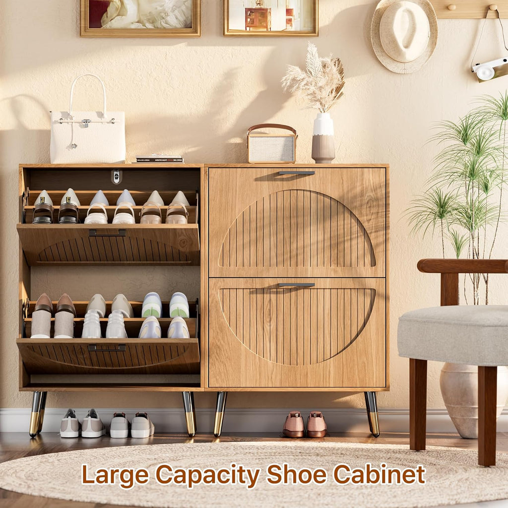 Farmhouse Shoe Cabinet Storage , Slim Shoe Rack Cabinet with 2 Flip Drawers, Narrow Shoe Organizer Cabinet with