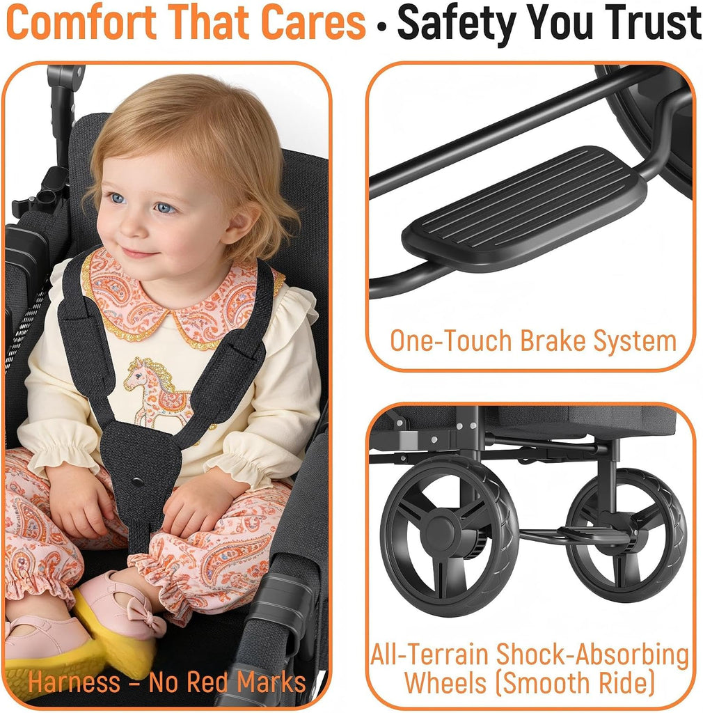 Wagon Stroller for 2 Kids with Canopy & Removable Seat Pads