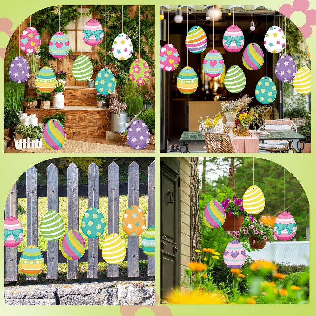 Easter Decorations Outdoor Easter Eggs Hanging Yard Signs 7.9 Inch Large Colorful Egg Shaped Double Sided - Set of 16