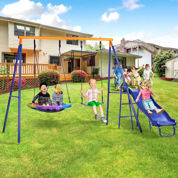 Swing Set for Backyard with Kids Slide 440lbs Heavy-Duty Metal A-Frame 1 Saucer Swing Seat 1 Swings Seat & 1 Slide