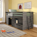 Loft Bed Twin, Solid Wood Low Loft Bed with Storage Drawer and Ladder, Modern Farmhouse Loft Bed for Kids, Driftwood