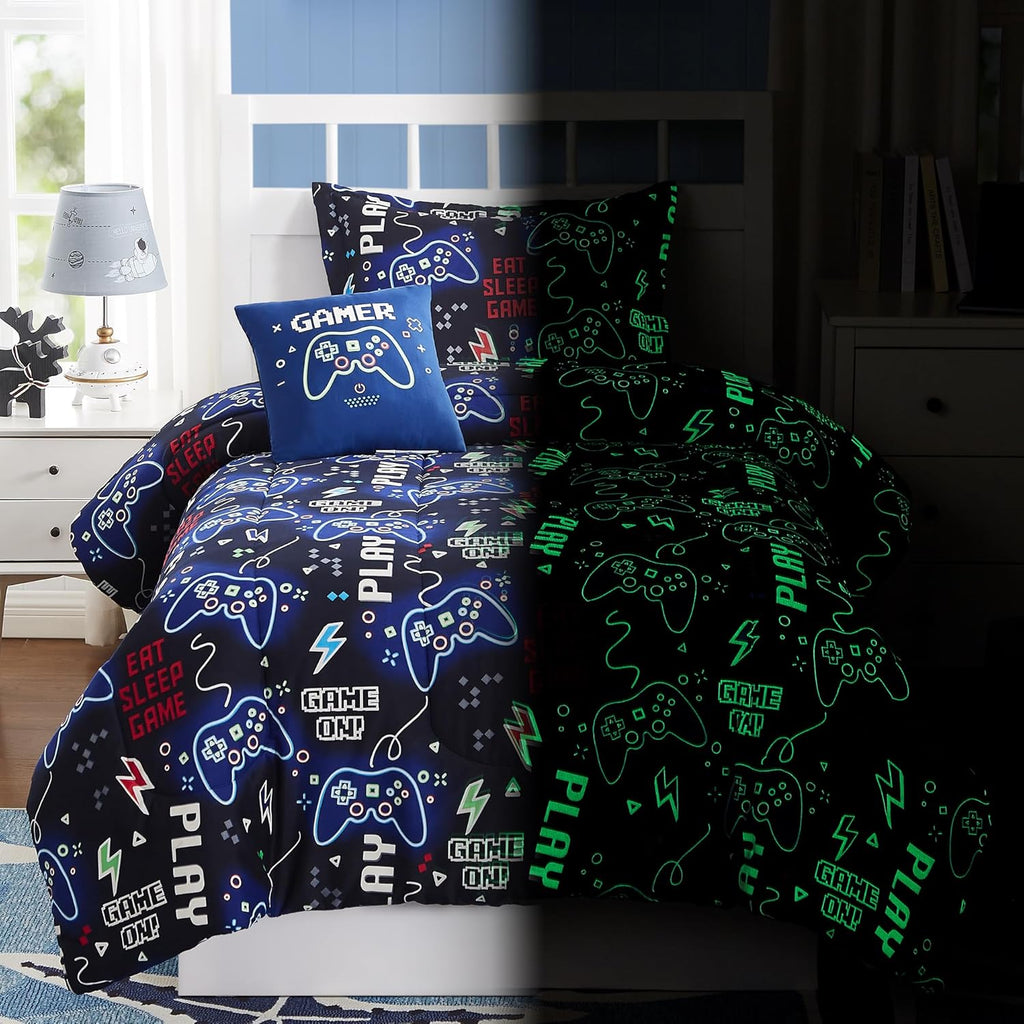 Kids Comforter Set Twin for Boys, Glow in The Dark Gamer Bedding Set 1 Comforter, 1 Decor Pillow, 1 Pillow Sham, Twin