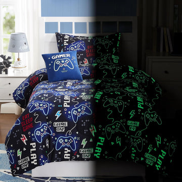Kids Comforter Set Twin for Boys, Glow in The Dark Gamer Bedding Set 1 Comforter, 1 Decor Pillow, 1 Pillow Sham, Twin