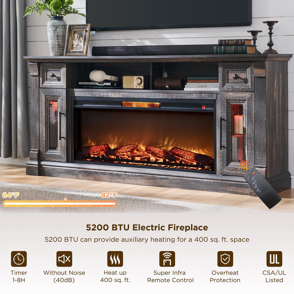 70" Farmhouse Fireplace TV Stand for TVs Up to 80", Dark Rustic Oak