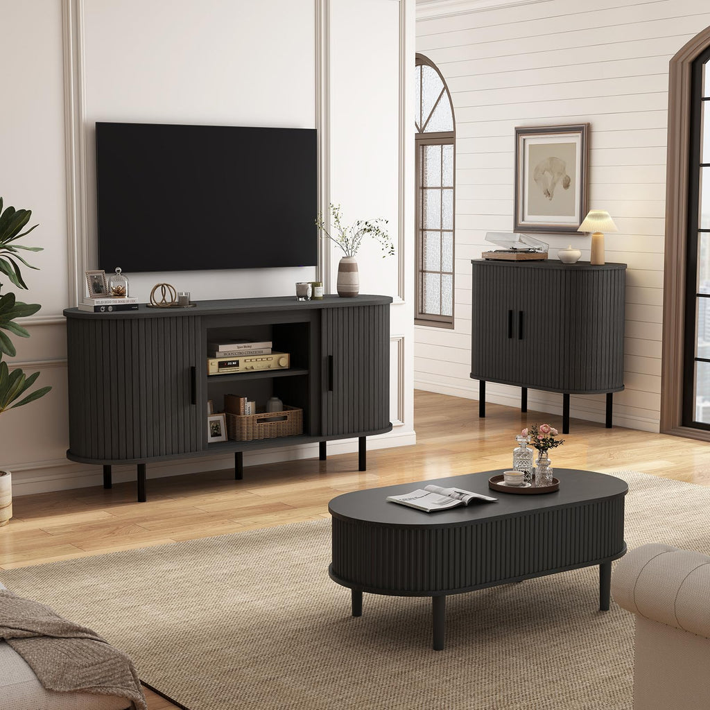 55'' Mid Century Modern Fluted TV Stand-Curved TV Cabinet with Storage, Sliding Doors & Adjustable