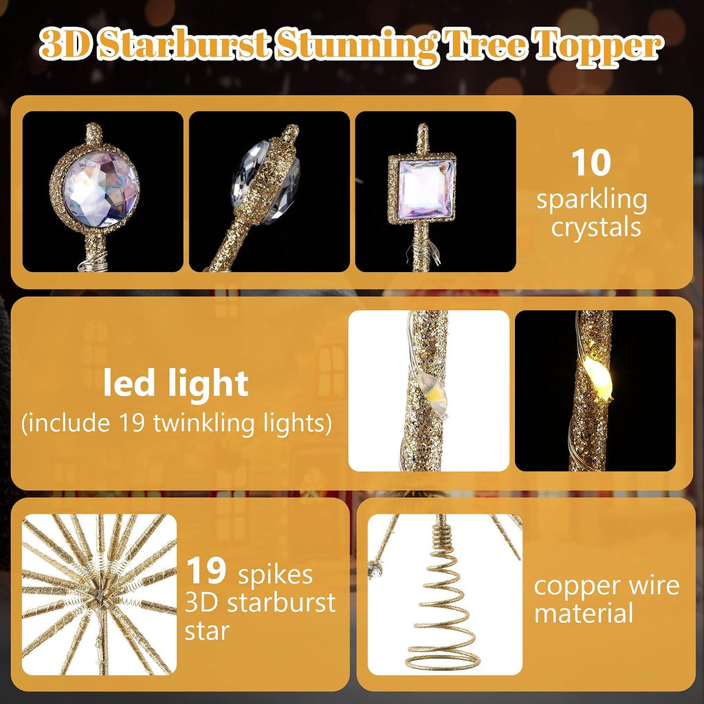 Starburst Christmas Tree Topper Lighted, Battery Operated, Gold