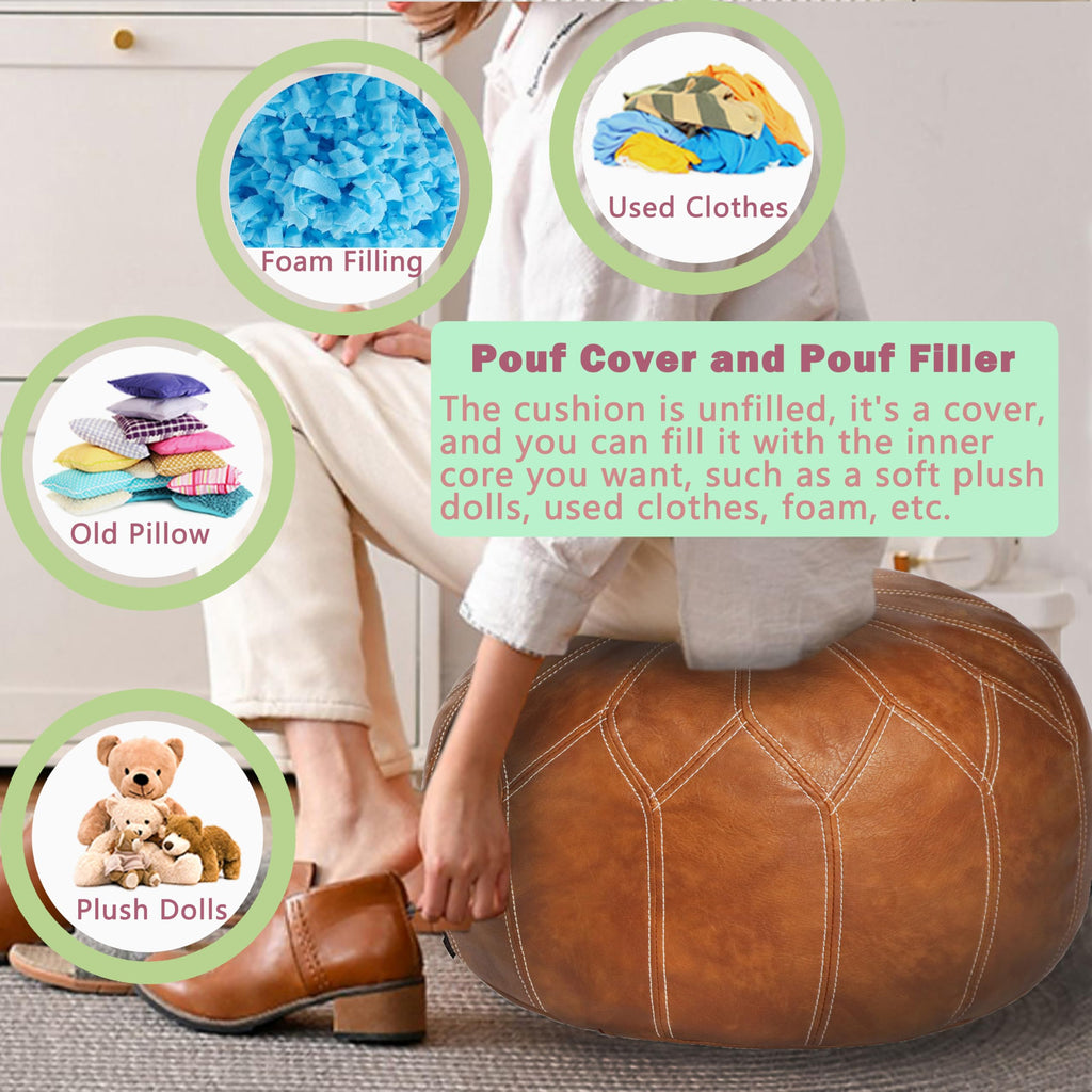 Unstuffed Moroccan Faux Leather Pouf Ottoman Cover with Storage - Boho Chic Multi-Use Footrest - Round Ethnic Floor