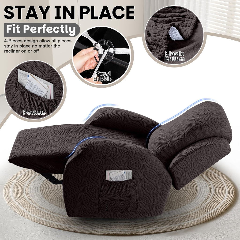 Stretch Recliner Chair Covers, 4-Pieces Slipcover, Chocolate